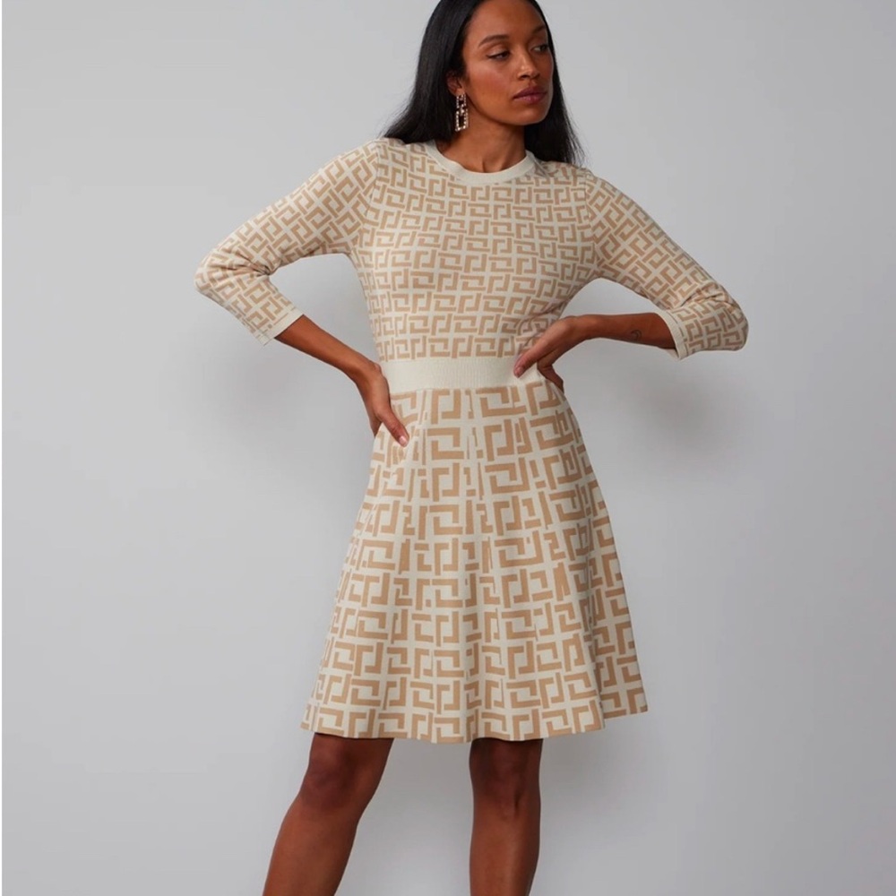 New York & Company Elegant Cream and Tan Geometric Dress